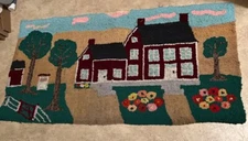 Rare Antique Primitive Folk Art Hooked Rug Salt Box House w Barn, Fence Flowers.