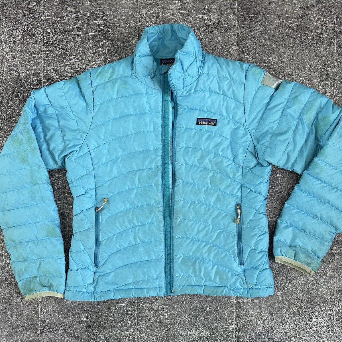 Women's Patagonia Teal Blue Down Puffer Full Zip Up Sweater Coat Jacket Sz  Small