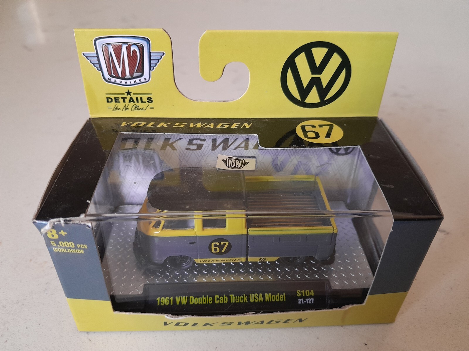 NOS 2021 M2 Machines 1961 VW Double Cab Truck USA Model S104 21-127 Gray/Yellow
