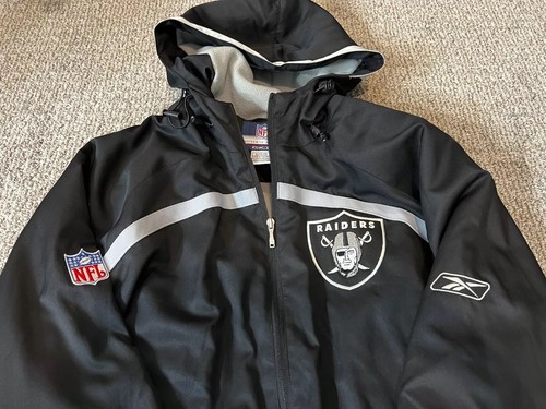 Reebok Raiders Black Fleece Lined Nylon Authentic NFL Sideline Jacket w Hood -L - Picture 14 of 19