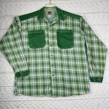 Vtg LA Gate Shirt Mens Size 2XL Green Plaid Button Up Made In USA Denim Pockets