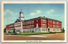 Lewiston Maine High School Corner View Linen Postcard C1930 G20