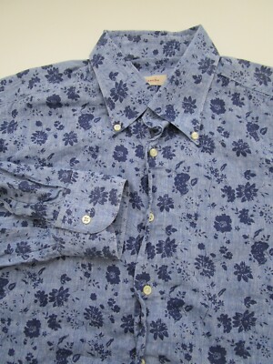Mens 42 16.5 Zanella LS Button shirt linen cotton floral blue hawaiian EU