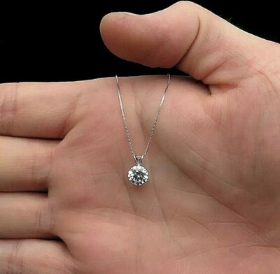2.00 Ct Round Cut VVS1/D Real Moissanite 14K White Gold Solitaire Pendant 18''