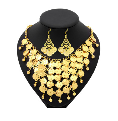 18kt Gold Plated Dubai African Turkish Arab Jewelry Coin Necklace Coin Earrings