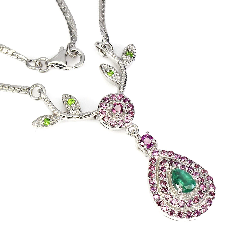 Sommer 925 Silber Halskette Birne Smaragd 6x4mm Rhodolith Edelstein 45.7cm - Bild 2 von 4