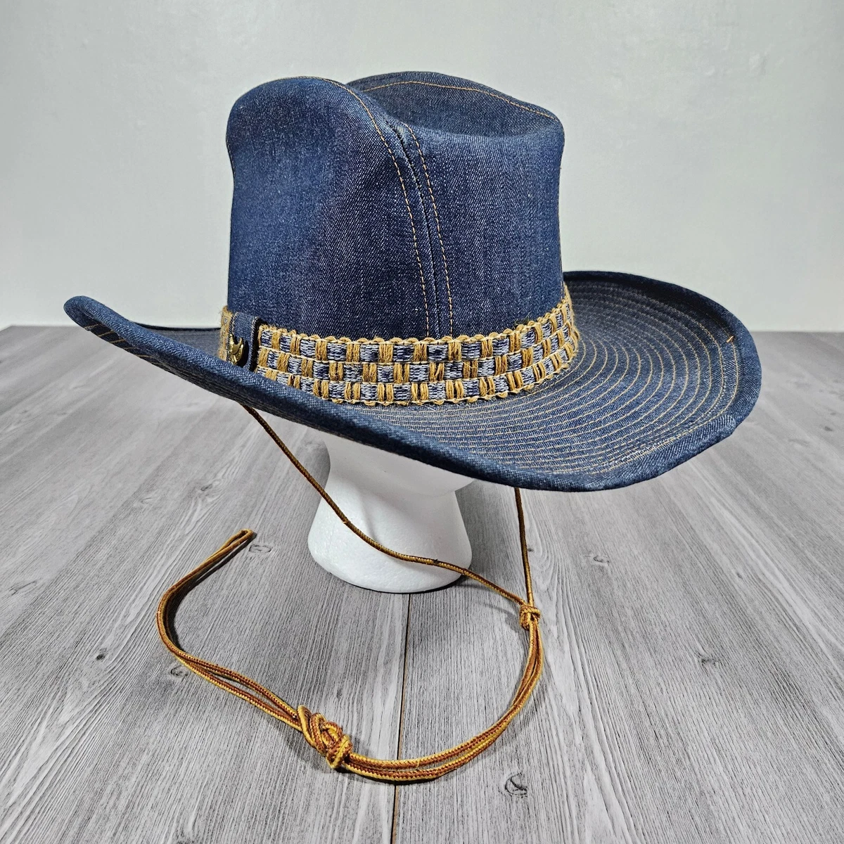 Sundance Denim Cowboy Hat Adult Size 7 3 8 Blue Jean Ski Hat Bonnet String