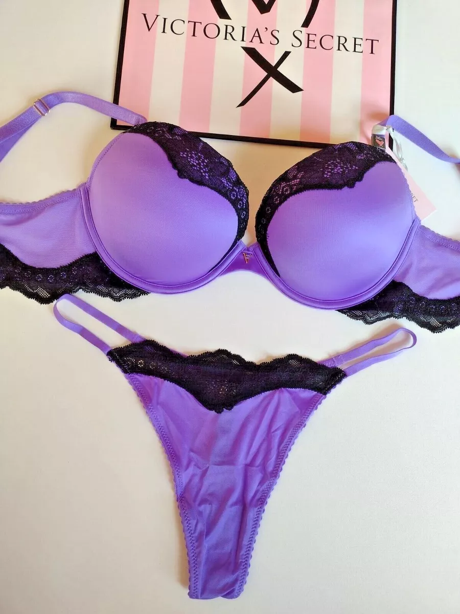 VICTORIA'S SECRET VERY SEXY Purple Push-Up Bra and Panty Set Black Lace  Trim VS