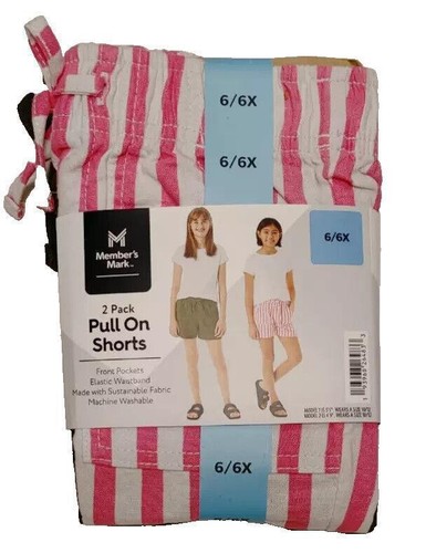 NWT Member's Mark Girl's 2-Pack Linen Shorts Pink Stripe/Green 6/6X