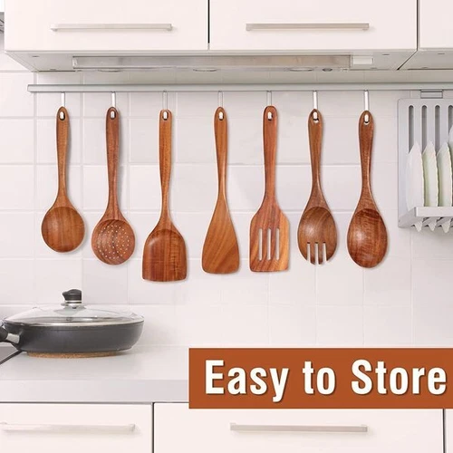 9PCS Wooden Utensils Set For Kitchen Handmade Natural Teak Wooden Cooking Spoons - Picture 6 of 12