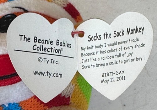 2011 TY Beanie Babies Socks the Sock Monkey Plush Doll 9" Tall (With Tags) - Picture 6 of 10