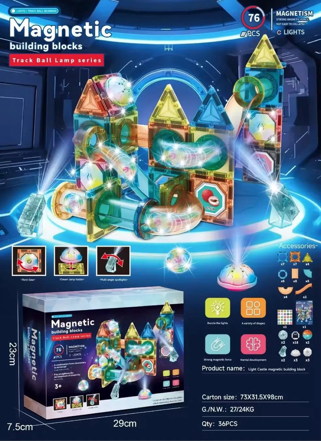 76pcs Light-Up Magnetic Tiles for Kids &ndash; STEM Building Blocks Toy Set with LED T