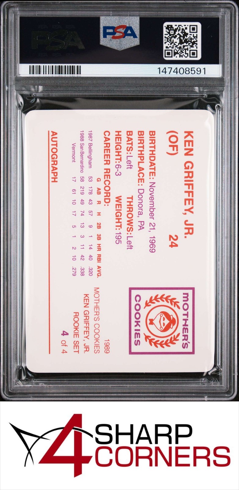 1989 MOTHER'S COOKIES KEN GRIFFEY JR. #4 RC HOF NAME ON BACK SHOWING PSA 8 view 2