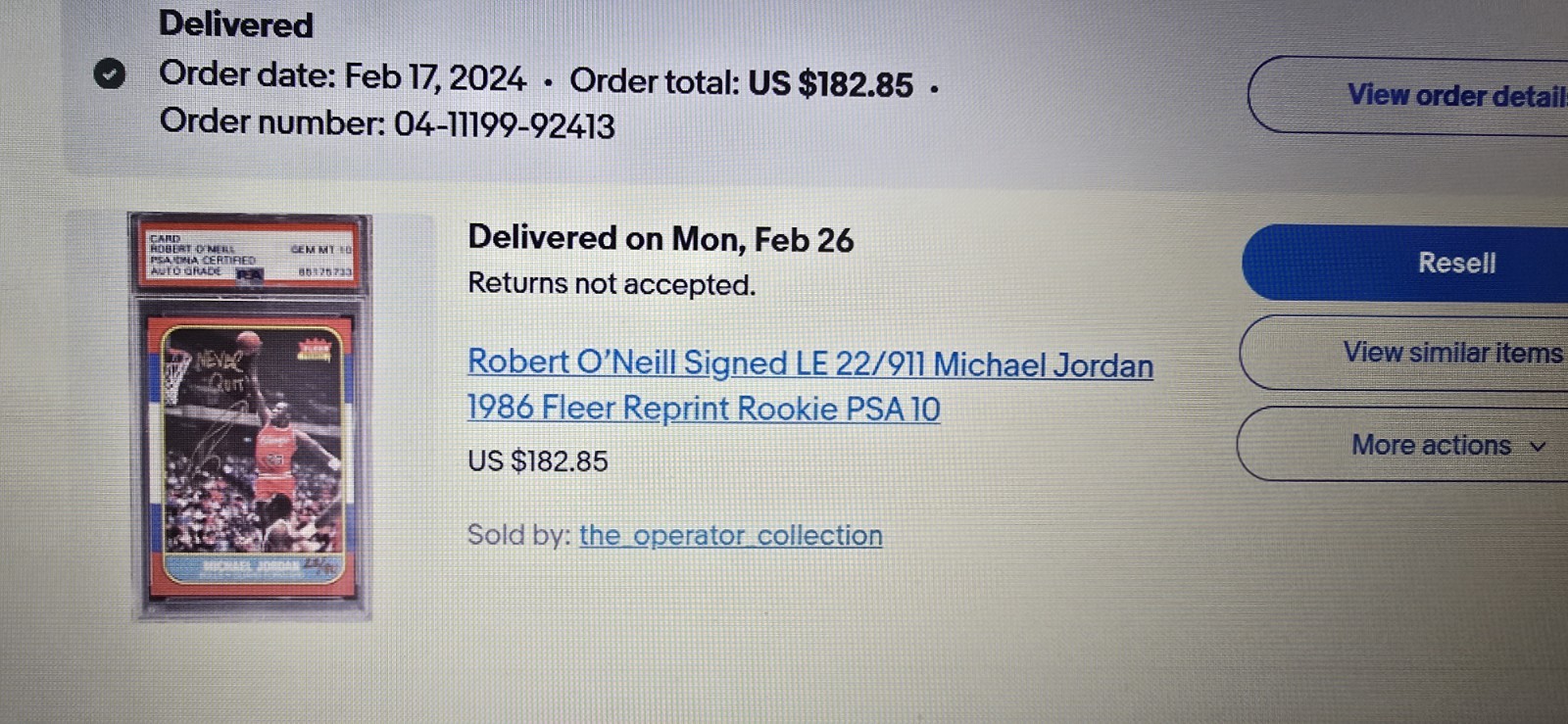 1986 Fleer Michael Jordan Reprint Signed by Robert O'Neill PSA 10 Auto GEM MINT view 5
