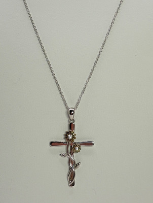 Sterling Silver Floral Vine Cross Necklace CZ Two Tone S925 18  Chain