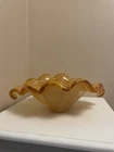 Murano Amber Cream Art Glass Hand Blown Ruffled Edge Bowl Made In Italy