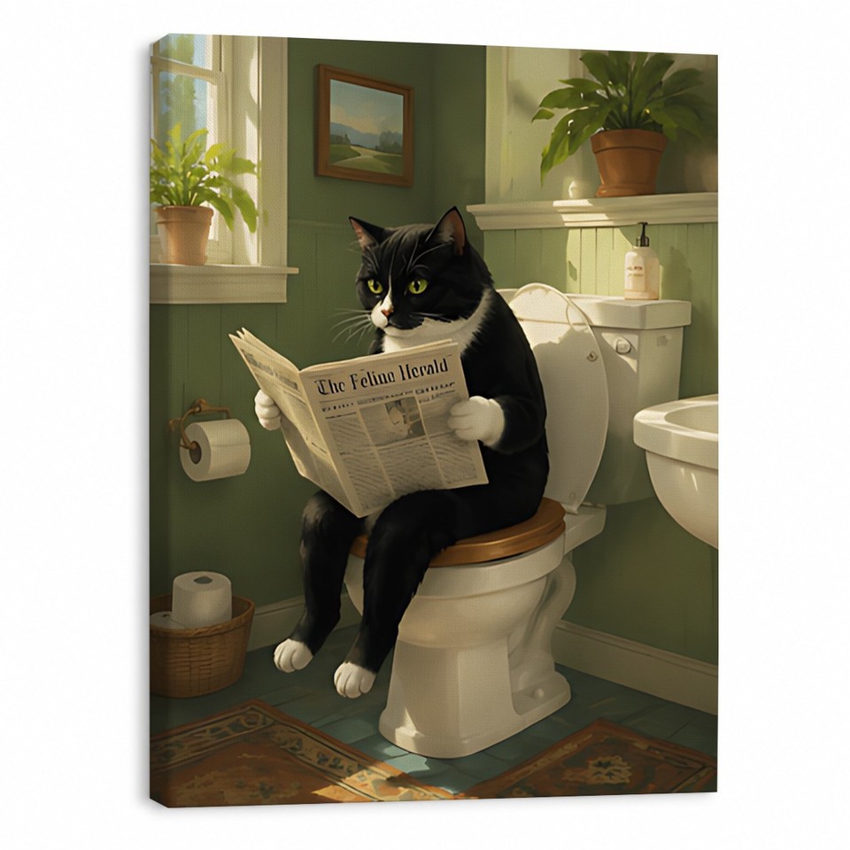 A tuxedo cat solemnly reading a newspaper on the toilet is the exact energy cat people want on their bathroom wall.