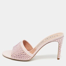 Moschino Pink Leather and Suede Crystal Embellished Slide Sandals Size 40