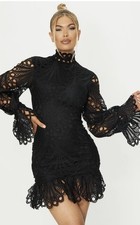 PRETTY LITTLE THING Black Lace Mini Dress High Neck - Size 12 USA
