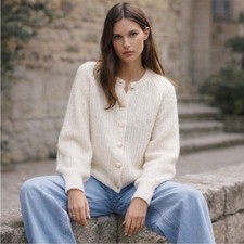 Sezane Emile Cardigan XS Ecru Alpaca Wool Button Front Parisian Chic Soft