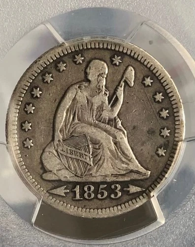 1853 Seated Liberty Quarter Arrows & Rays, PCGS Graded VF20