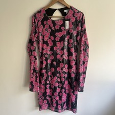 Warehouse Sequin Floral Dress Size M Black Pink Open Back Long Sleeve BNWT