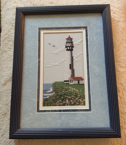 Vintage Lighthouse Cross Stitch Handmade Framed Art Water Clouds Birds Flowers