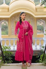 Cotton Pink Anarkali Kurta Set Ethnic Printed A-Line Long Tunic with Dupatta -Tr