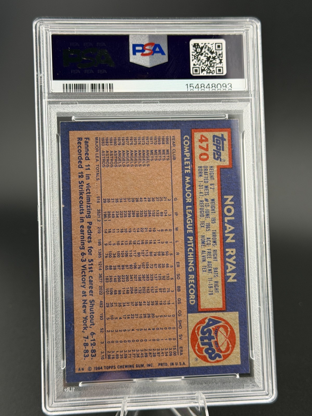 1984 Topps - Houston Astros - Nolan Ryan #470 - PSA 8 NM-MT view 2
