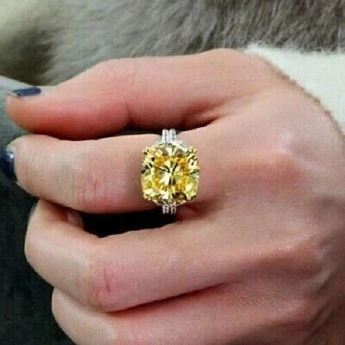 8.56Ct Cushion Natural Yellow Sapphire Diamond Wedding Ring 14K White Gold 6 7 8 - Image 4 of 4