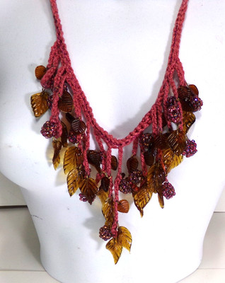 CROCHETED FABRIC NECKLACE  27''  W/ FABRIC PLASTIC BEAD PENDANTS    CT208