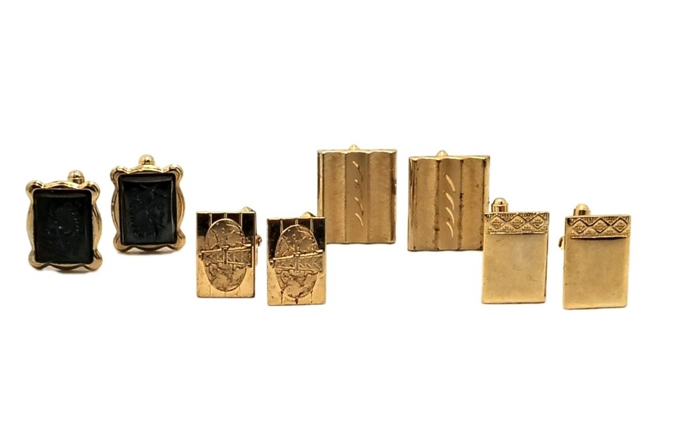 Matched 14K gold-plated etched cufflinks and tie bar as a set — a complete vintage wedding or formal accessory package at a fraction of new prices.