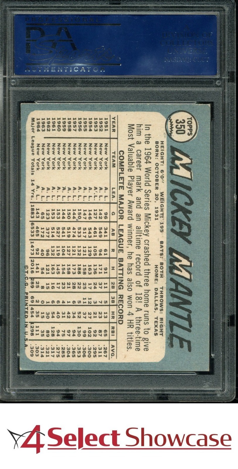 1965 TOPPS #350 MICKEY MANTLE YANKEES HOF PSA 6 view 2