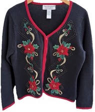 Vintage 90s Tiara International Christmas Poinsettia Beaded Knit Sweater Large