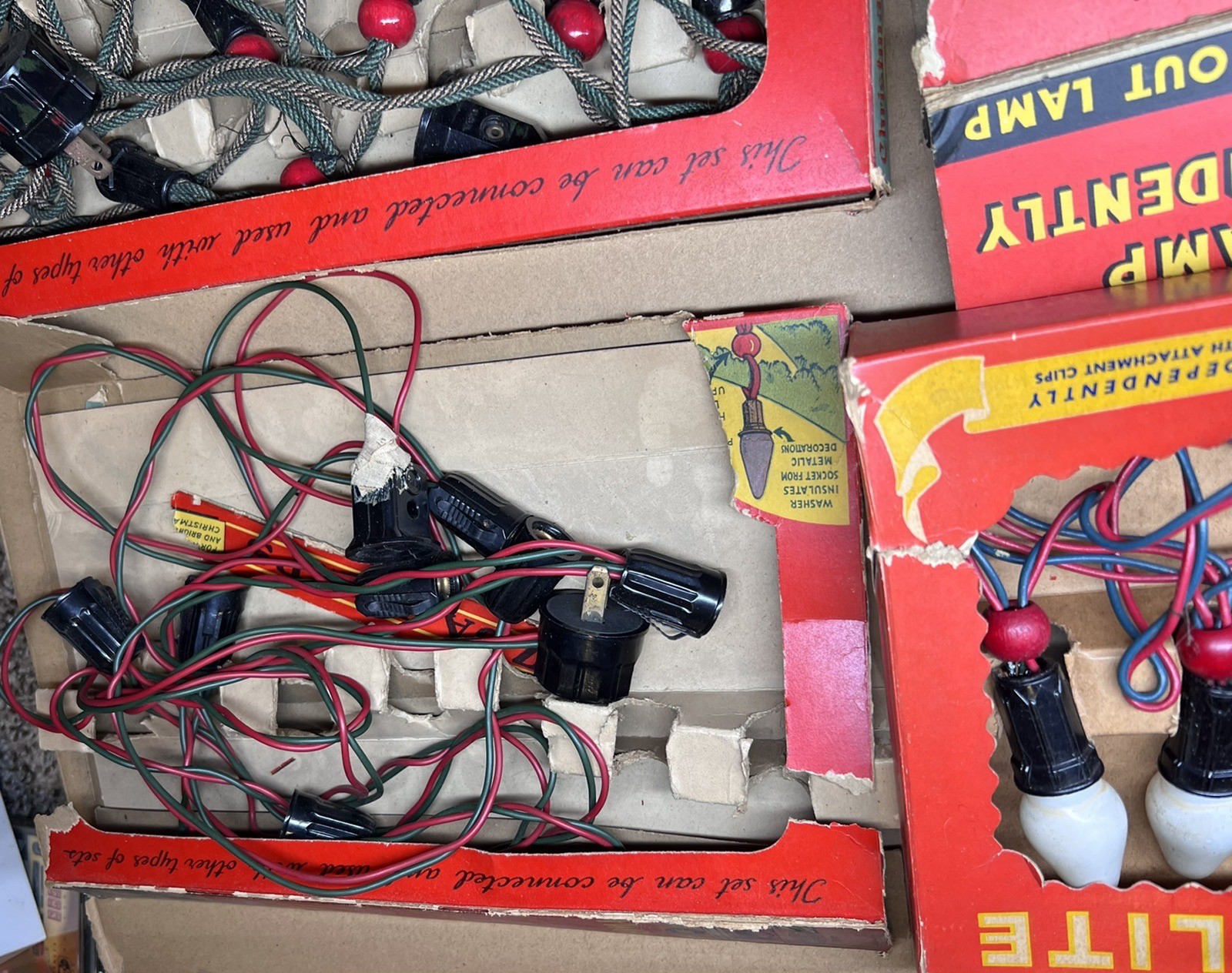 Vintage Noma Box Mazda Lamps Cloth Christmas Lights Red Bead 1930s Working C7