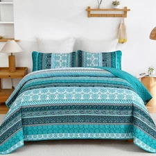 Teal Boho Quilt Set King Size 3-Piece Lightweight Microfiber Bedspread
