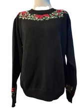 Vtg Orvis Pullover Medium Christmas Sweater Black Embroidered Details Grannycore