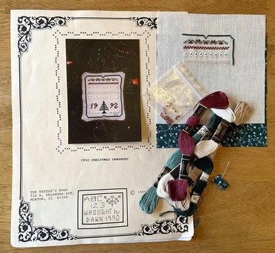 The Needle's Work 1992 Dawn Lewis CHRISTMAS ORNAMENT Cross Stitch Kit (Started)