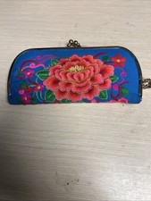 Vintage Asian Silk Embroidered Floral Clutch Coin Purse Kiss Lock Blue Pink