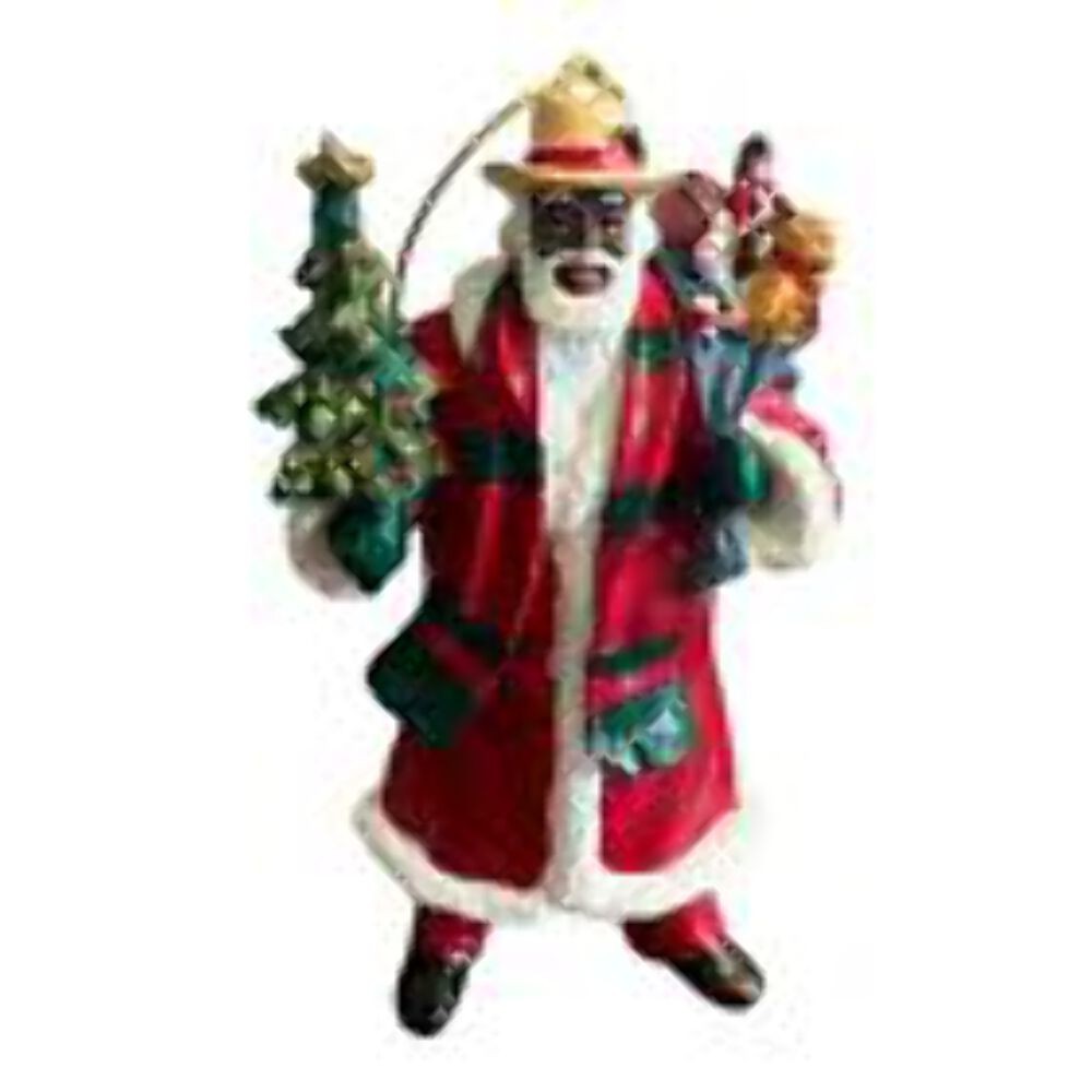 40527 - 4-Inch Black Santa Figure with Cowboy Hat, Christmas Tree and Sack Holid