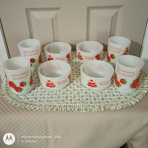 STRAWBERRY SHORTCAKE Anchor Hocking Fire King Mugs Bowls Milk Glass Bowl 1980
