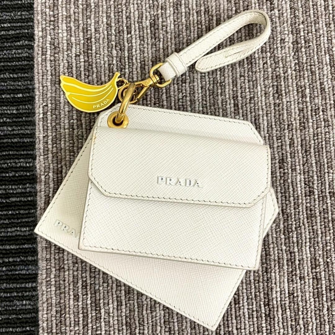 Prada Saffiano Card Case with Banana Charm Silver Tone Metal Accents