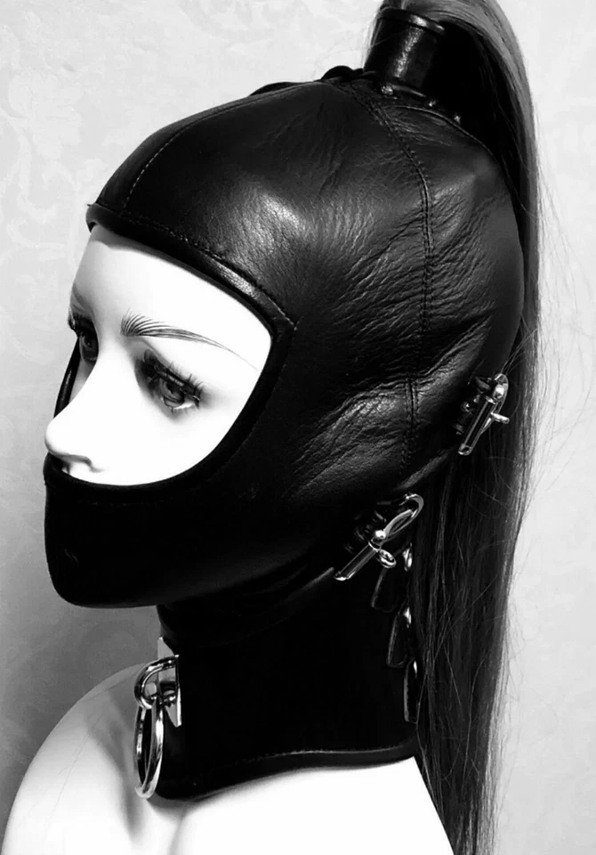 Máscara con capucha cola de caballo de cuero real con cuello ajustable y hocico Foto 3 de 4