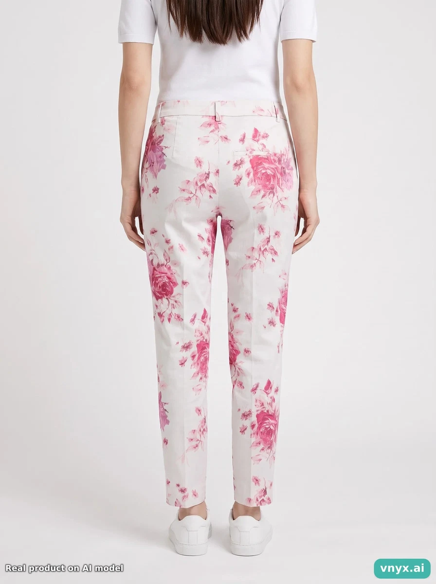 H&m Pantalones Mujer Talla W34 Cream with Pink Floral Algodón Vintage