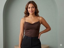 Wild Fable Brown Solid Camisole Tank Top Strappy Lace Trim, Women's L