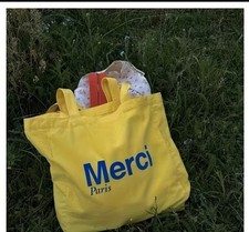 Merci Paris Yellow Canvas Large Capacity Bag Tote Shopper Holiday