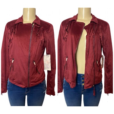 Harmony + Havoc Suede Fringe Burgundy Jacket Size Medium Lining NEW