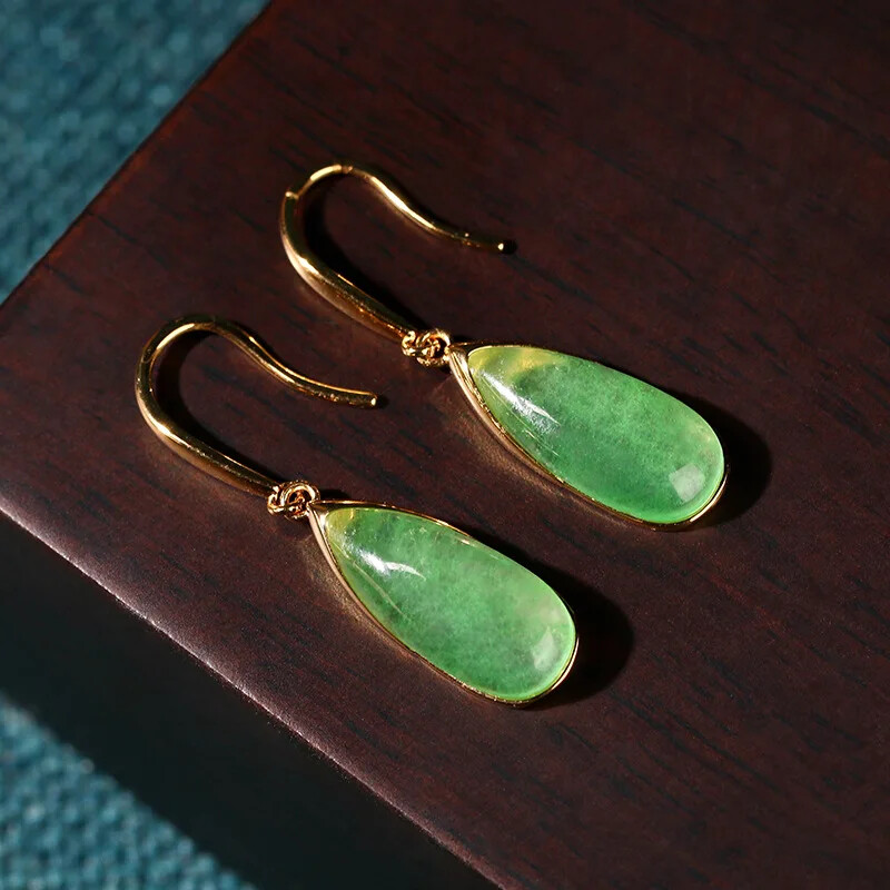Vintage Carved Green Stone Drop Earrings for Women in 925 Silver