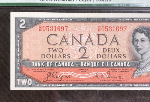 BANCONOTA BANCA DEL CANADA 1954 $2 DUE DOLLARI #DB0531697 DEVIL'S FACE PMG 64 - Foto 2 di 6