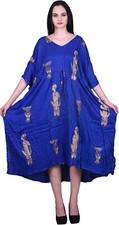 Women’s Summer Boho Maxi Caftan – Blue Printed Resort Dress, Cruise Outfit L-32"